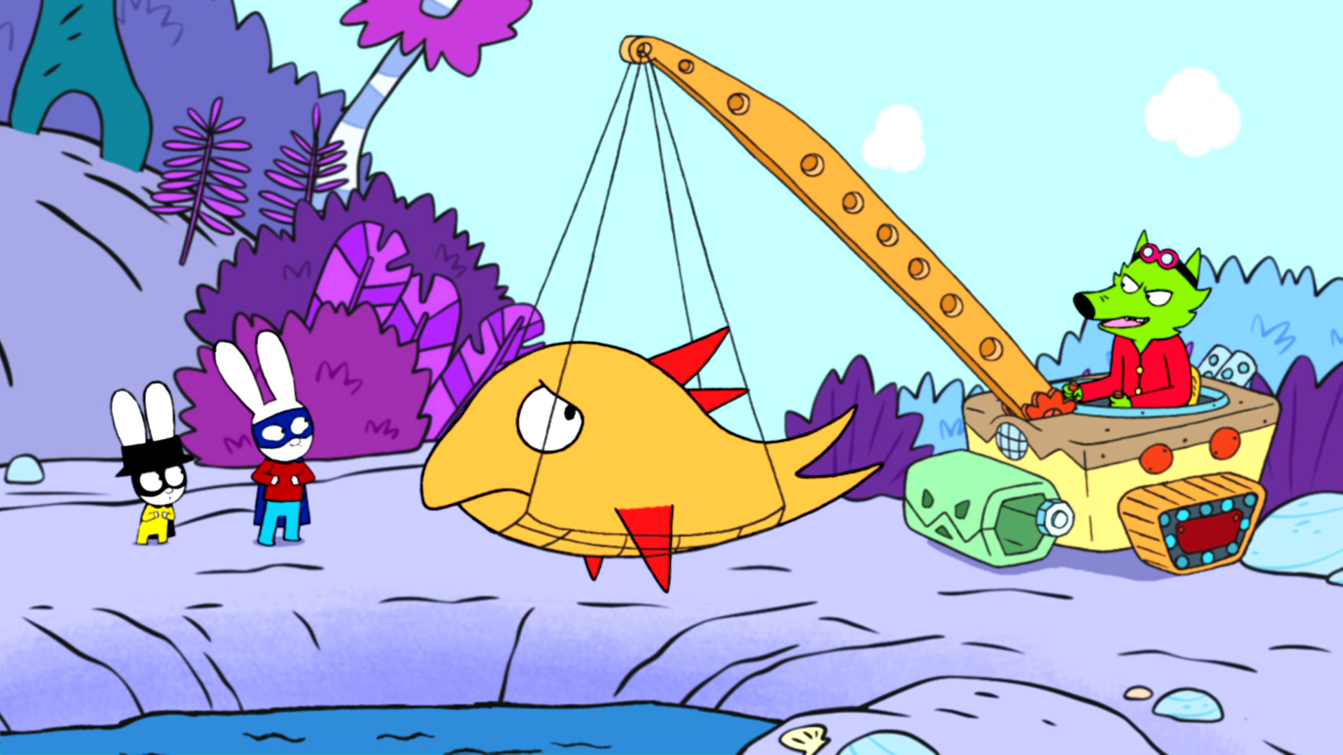 Superhase und Captain Hase stehen in ihrer Fantasiewelt vor Professor Wolf an einem Wasserloch. Professor Wolf sitzt in einem Kranwagen. Mit dem Kran hebt er einen großen gelben Fisch, gefangen in einem Netz, aus dem Wasser. Heimtückisch schaut Professor Wolf dabei zu Superhase und Captain Hase herüber.