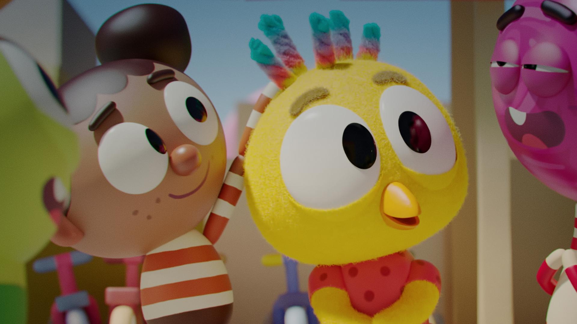 Das Küken Karla steht in der Mitte und hat regenbogenfarbene Locken. Sie hat ihre Arme leicht verschränkt. Links neben ihr steht Alex, ein Mädchen mit gestreiftem Pullover, das Karlas Haare anfasst. Neben Alex steht Glitsch, der Wurm, mit geöffnetem Mund. Rechts neben Karla steht Strike, die Bowling-Kugel und schaut Karla mit leicht geschlossenen Augen an. Tilda Vision, das Mädchen mit Fernsehkopf, steht neben Strike.