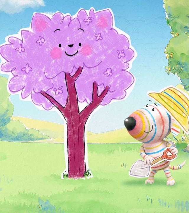 Küken Bitsy, Hund Dylan und Otter Ozzy stehen freudig auf einer grünen Wiese und betrachten einen Baum, der in der Mitte von ihnen steht. Der Baum ist Katze Daisy. Sie hat sich in einen grinsenden Baum verwandelt. Die drei Freunde tragen ihre Gärtnerhüte. Ozzys Hut ist mit Blumenschmuck verziert, Bitsys Hut mit Blätterschmuck. Dylan hält eine Schaufel fest in seinen Pfoten.