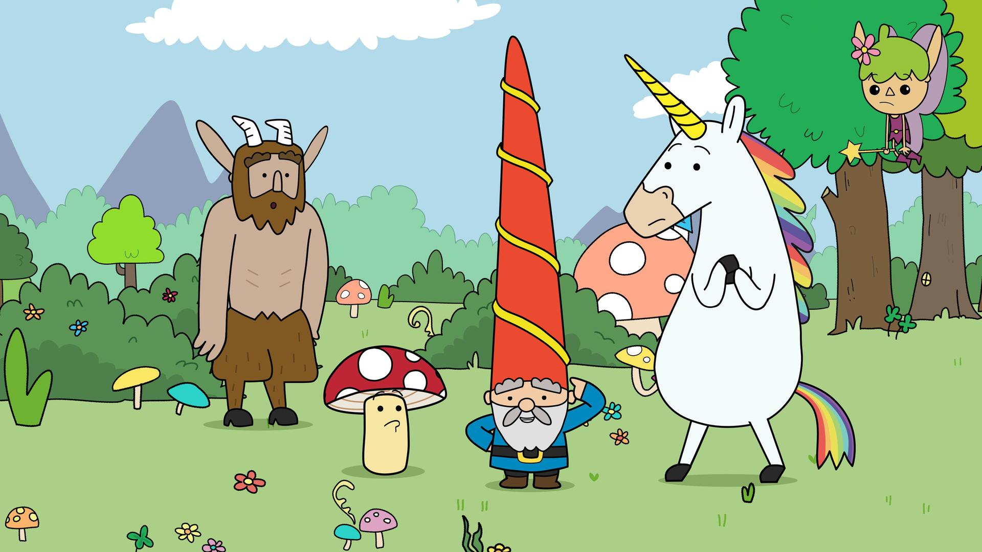 Der Gartenzwerg Herbert steht auf einer Wiese am Waldrand und zeigt stolz auf seinen roten, langen und spitz zulaufenden Hut, den er auf dem Kopf trägt. Seine Freunde Tupfen, Hufius und Blümchen sehen wenig begeistert davon aus. Sie stehen rings um Herbert herum und blicken, nach Worten ringend, zu ihm. Am Rand der Gruppe schwebt die Fee Twinkle. Ihr Gesichtsausdruck zeigt deutlich ihren Missmut, ihre Mundwinkel sind nach unten gezogen.