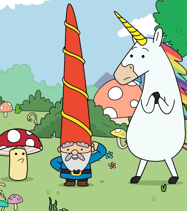 Der Gartenzwerg Herbert steht auf einer Wiese am Waldrand und zeigt stolz auf seinen roten, langen und spitz zulaufenden Hut, den er auf dem Kopf trägt. Seine Freunde Tupfen, Hufius und Blümchen sehen wenig begeistert davon aus. Sie stehen rings um Herbert herum und blicken, nach Worten ringend, zu ihm. Am Rand der Gruppe schwebt die Fee Twinkle. Ihr Gesichtsausdruck zeigt deutlich ihren Missmut, ihre Mundwinkel sind nach unten gezogen.