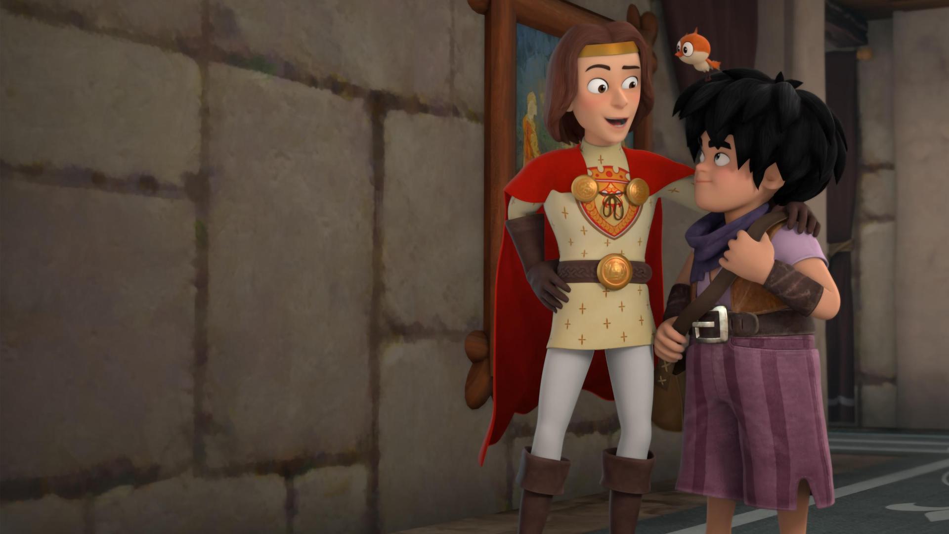 Auf einem der Gänge im Schloss legt König Richard freundschaftlich seinen Arm um Little Johns Schulter und spricht mit ihm. Little John blickt aufmerksam zu ihm empor. In seinen dunklen Haaren sitzt ein Vögelchen, dass sich neugierig zu Richard vorbeugt.