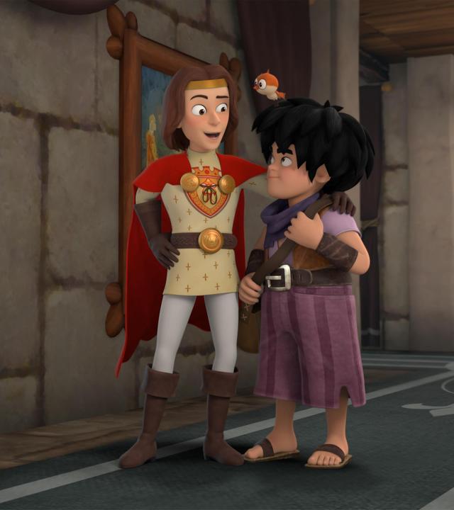 Auf einem der Gänge im Schloss legt König Richard freundschaftlich seinen Arm um Little Johns Schulter und spricht mit ihm. Little John blickt aufmerksam zu ihm empor. In seinen dunklen Haaren sitzt ein Vögelchen, dass sich neugierig zu Richard vorbeugt.