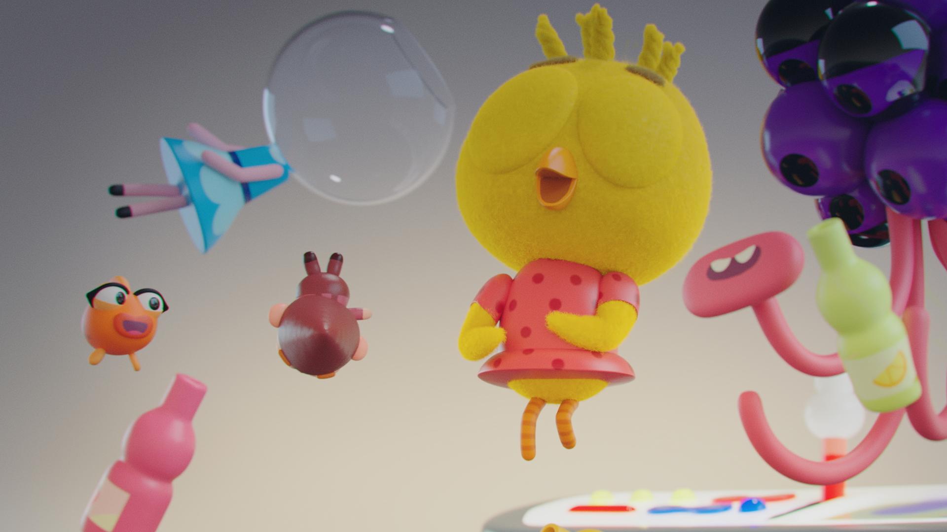 Im Raumschiff: Goldie, das Mädchen mit dem Goldfisch-Kopf, Bob, der Wichtel und Karla, das Küken schweben freudig durchs Raumschiffinnere. Neben ihnen schwebt Alien Plonk. Um sie herum schweben mehrere Trinkflaschen. Im Hintergrund steht das Steuerbord des UFOs.