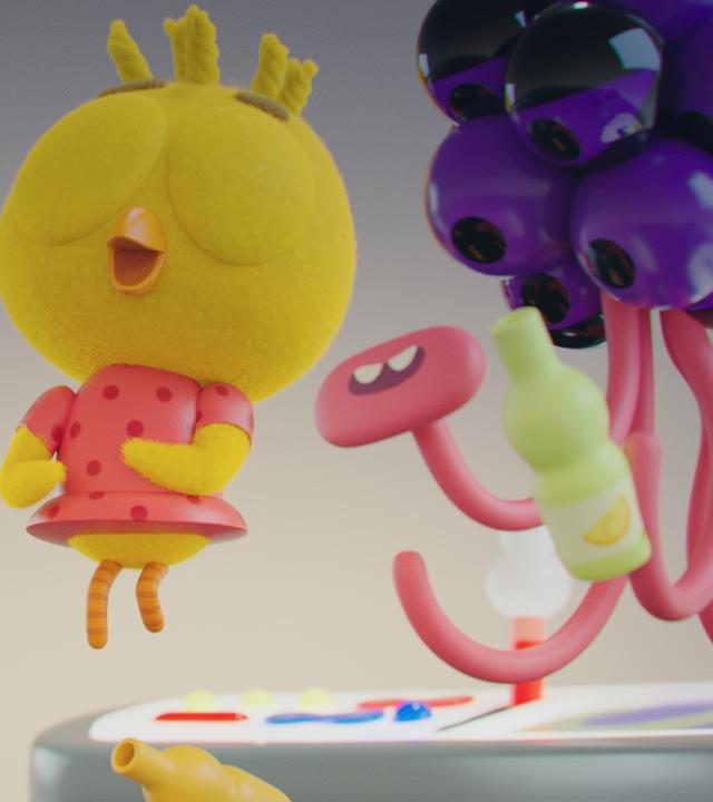 Im Raumschiff: Goldie, das Mädchen mit dem Goldfisch-Kopf, Bob, der Wichtel und Karla, das Küken schweben freudig durchs Raumschiffinnere. Neben ihnen schwebt Alien Plonk. Um sie herum schweben mehrere Trinkflaschen. Im Hintergrund steht das Steuerbord des UFOs.