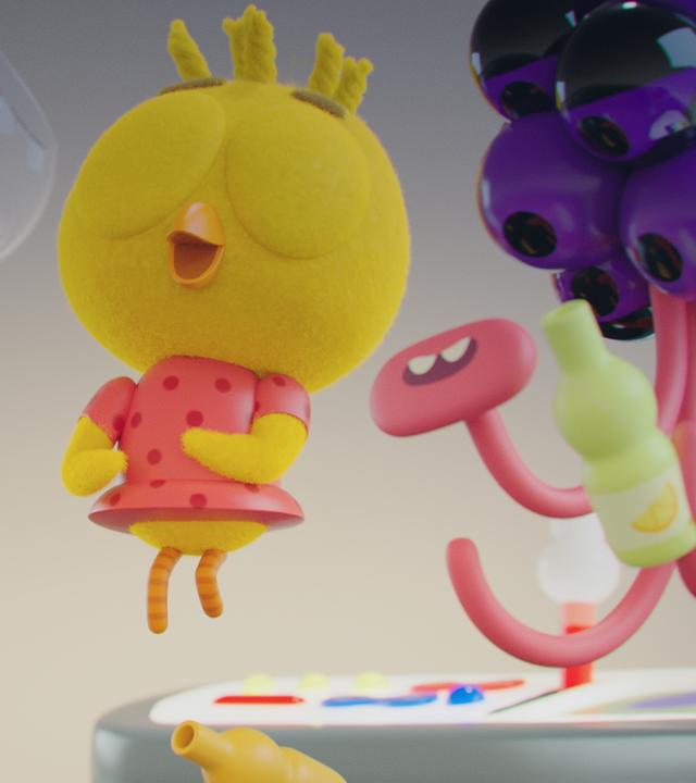 Im Raumschiff: Goldie, das Mädchen mit dem Goldfisch-Kopf, Bob, der Wichtel, und Karla, das Küken, schweben freudig durchs Raumschiffinnere. Neben ihnen schwebt Alien Plonk. Um sie herum schweben mehrere Trinkflaschen. Im Hintergrund steht das Steuerbord des UFOs.