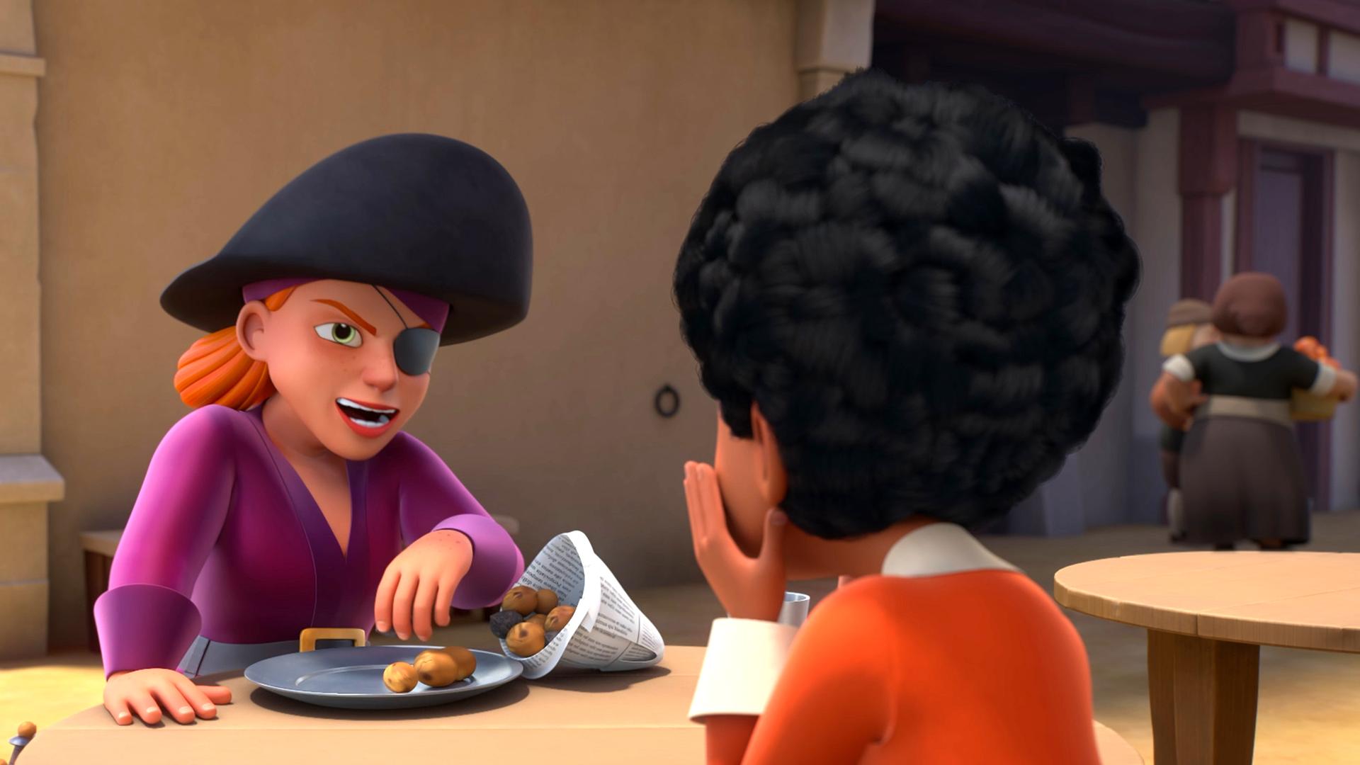 Alex sitzt an einem runden Tisch, draußen in einem Café. Ihm gegenüber sitzt eine Piratin mit Augenklappe und Piratenhut. Sie hat rote Haare und schaut sehr selbstbewusst zu Alex. Alex sieht man von hinten, er hat die Hände wie im Erstaunen an sein Gesicht gelegt. Die Piratin Lily hat einen Teller vor sich und eine Tüte mit kleinen Kartoffeln.