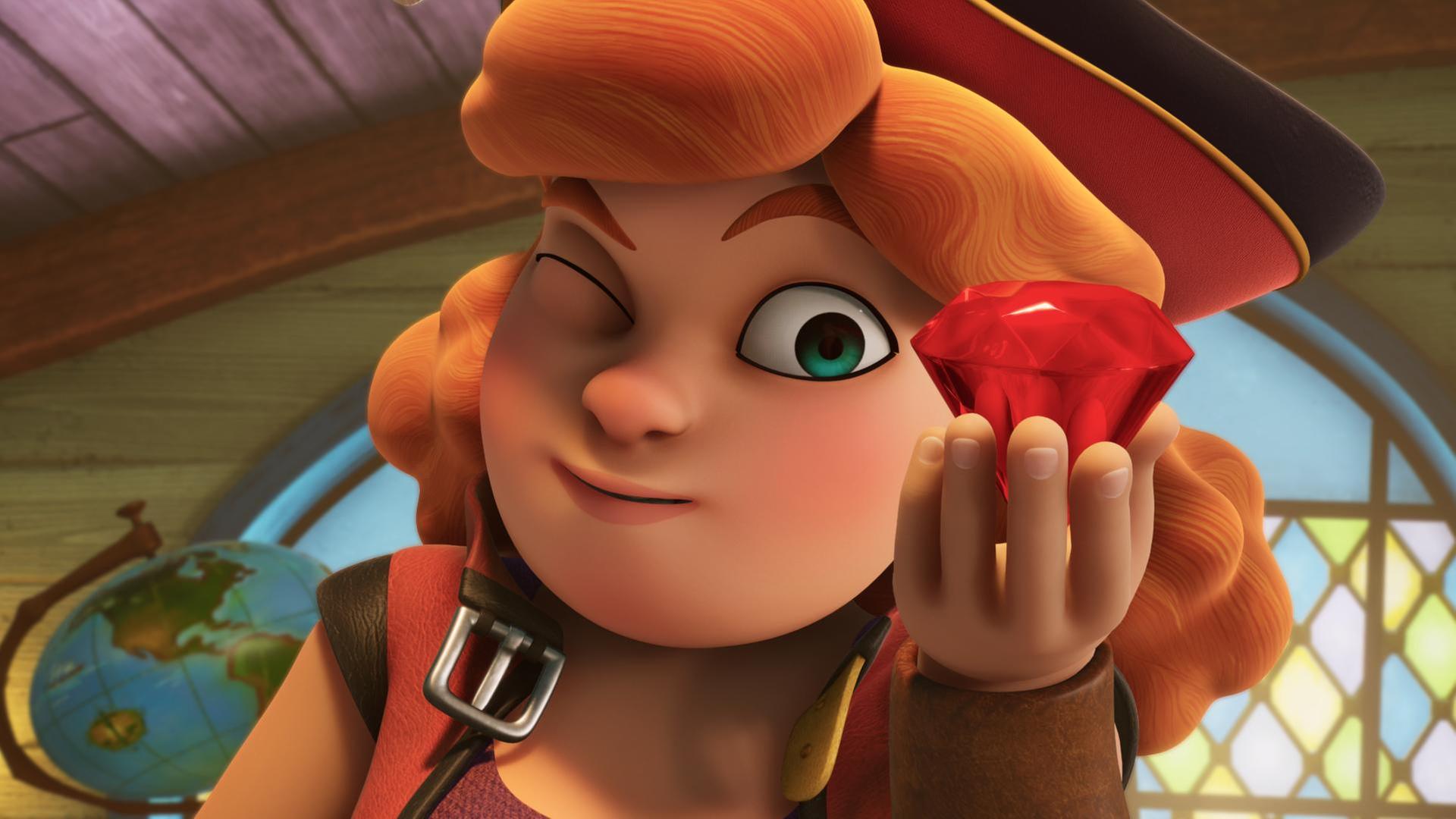 Käpt'n Charlotte Raubein hält in ihrer Hand einen roten Diamaten. Sie schaut sich ihn ganz genau an.