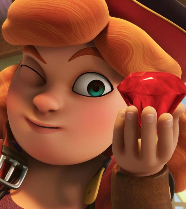 Käpt'n Charlotte Raubein hält in ihrer Hand einen roten Diamaten. Sie schaut sich ihn ganz genau an.