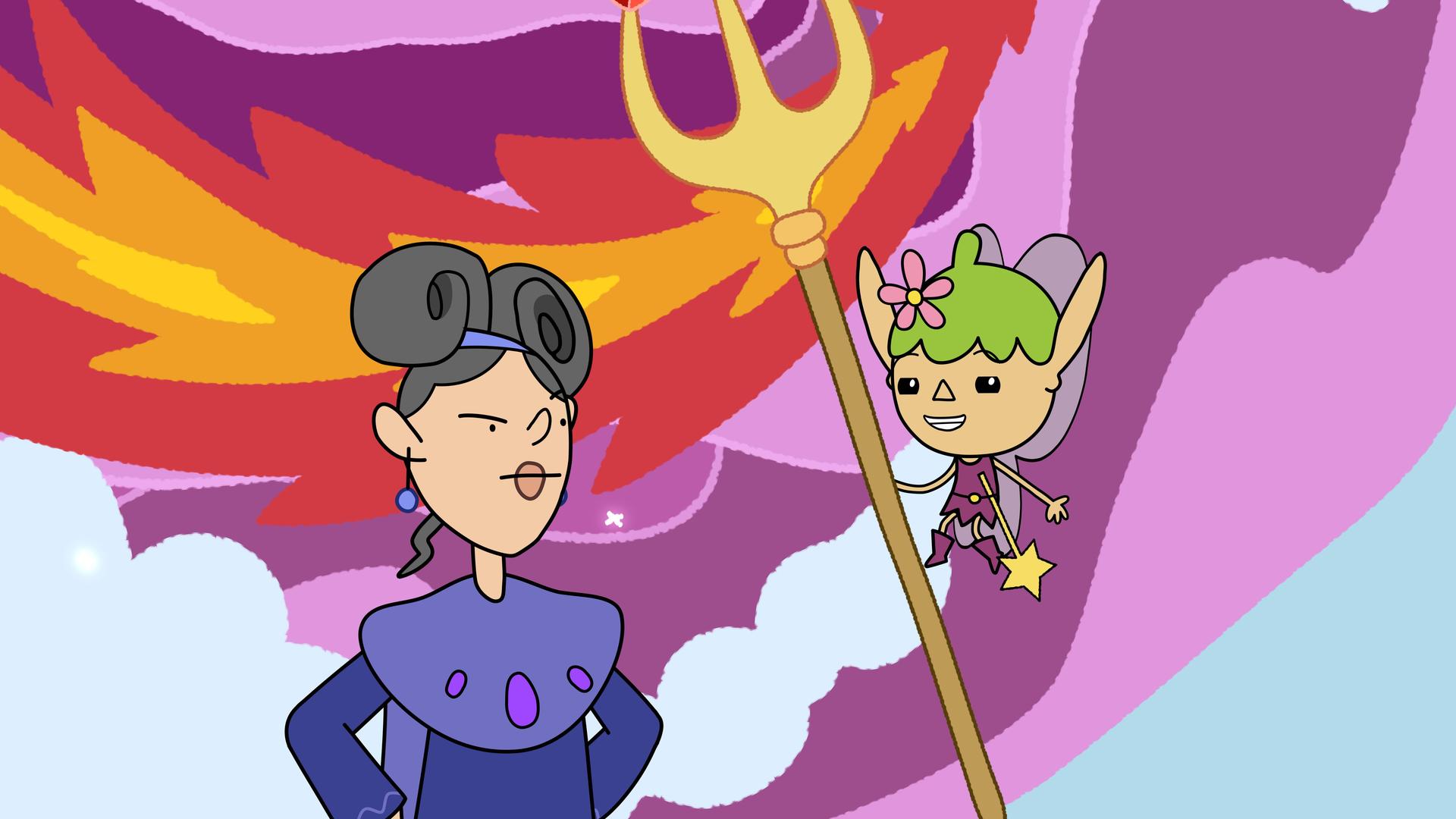 Vor einem lila-roten kreisförmigen Muster am hellblauen Himmel steht links Lady Tamara mit ärgerlichem Gesichtsausdruck. Sie schaut zu Twinkle, die mit dem Dreizack rechts neben ihr schwebt und sie anlächelt.