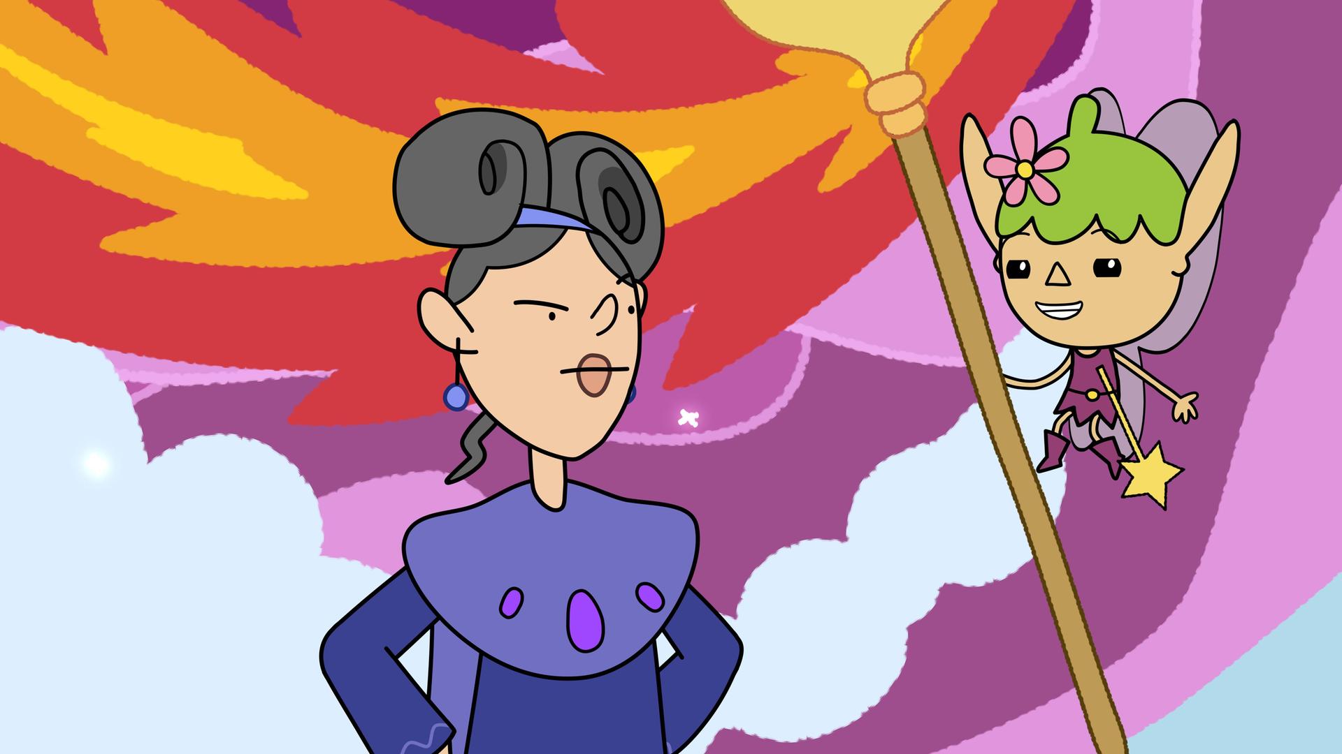 Vor einem lila-roten kreisförmigen Muster am hellblauen Himmel steht links Lady Tamara mit ärgerlichem Gesichtsausdruck. Sie schaut zu Twinkle, die mit dem Dreizack rechts neben ihr schwebt und sie anlächelt.