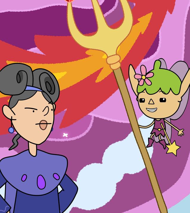 Vor einem lila-roten kreisförmigen Muster am hellblauen Himmel steht links Lady Tamara mit ärgerlichem Gesichtsausdruck. Sie schaut zu Twinkle, die mit dem Dreizack rechts neben ihr schwebt und sie anlächelt.