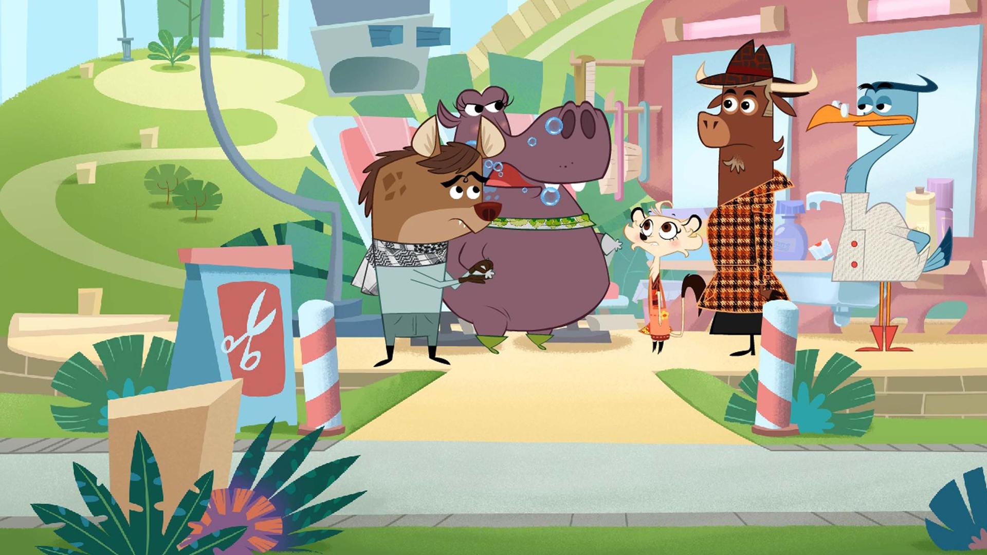 Frau Hipplinger quellen die Seifenblasen aus dem Mund. Die Tiere stehen um sie herum und sind ratlos.