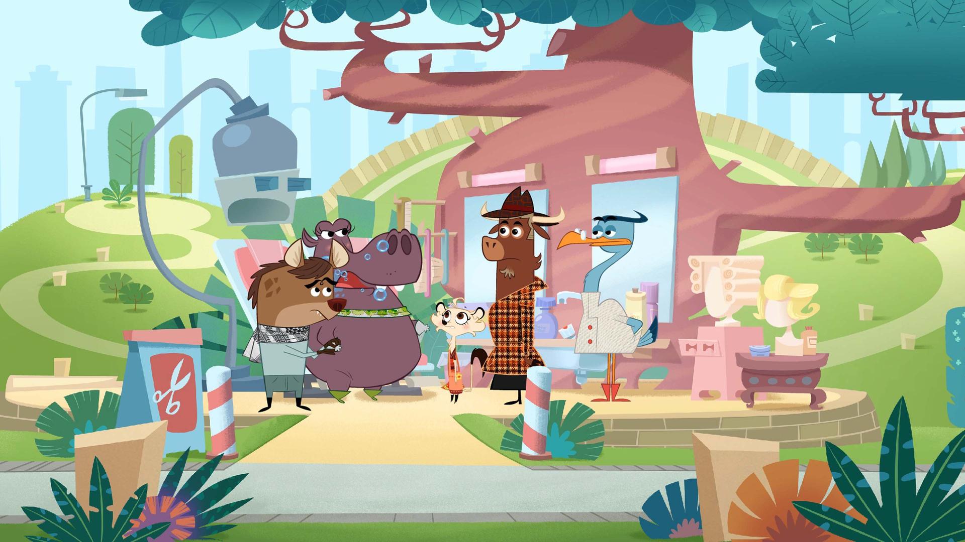 Frau Hipplinger quellen die Seifenblasen aus dem Mund. Die Tiere stehen um sie herum und sind ratlos.