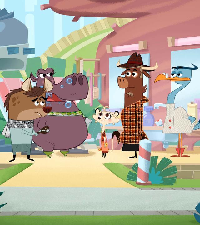 Frau Hipplinger quellen die Seifenblasen aus dem Mund. Die Tiere stehen um sie herum und sind ratlos.