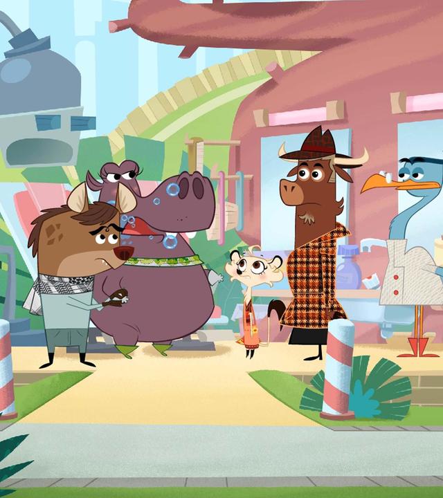 Frau Hipplinger quellen die Seifenblasen aus dem Mund. Die Tiere stehen um sie herum und sind ratlos.