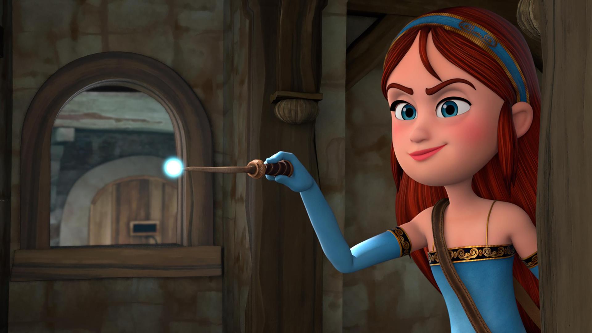 Halb verborgen hinter einem Holzpfosten steht Marian mit erhobenem, magisch leuchtendem Zauberstab im Raum und lächelt siegessicher.