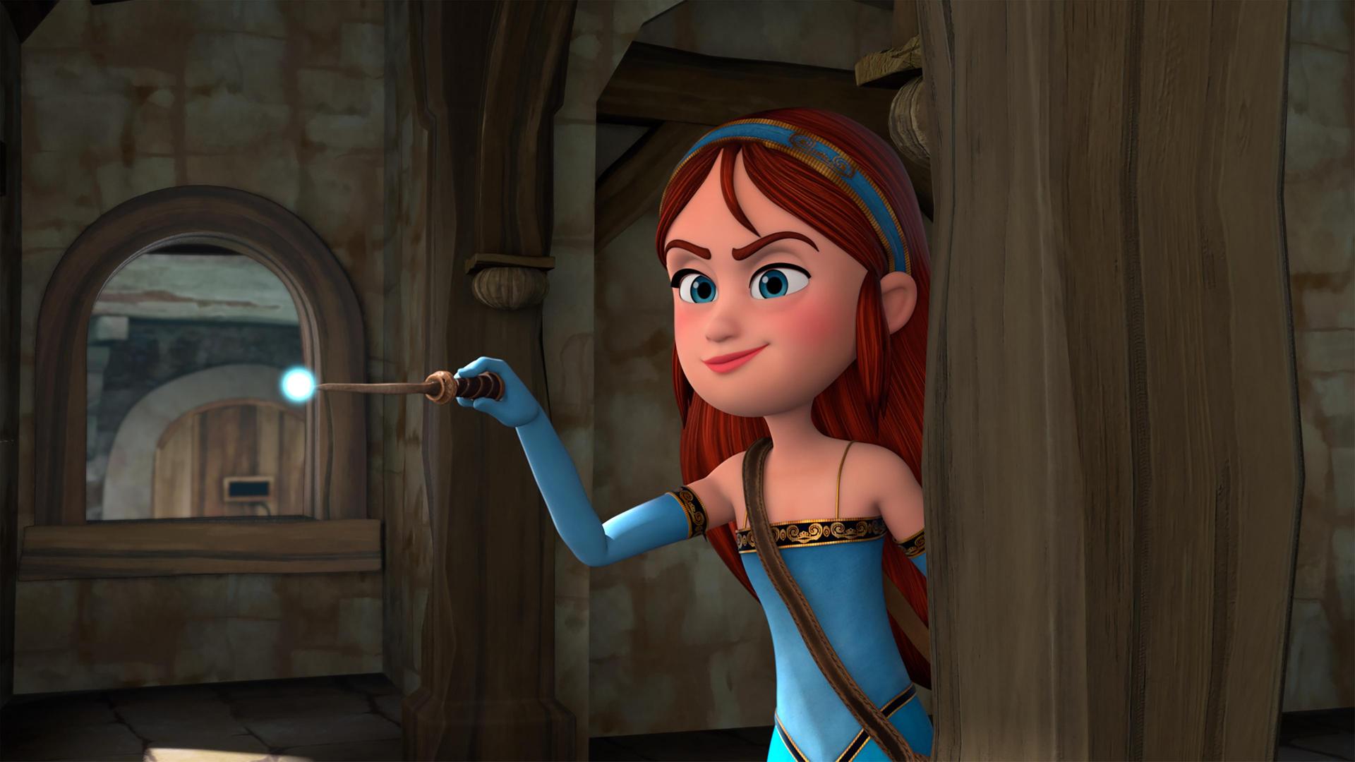 Halb verborgen hinter einem Holzpfosten steht Marian mit erhobenem, magisch leuchtendem Zauberstab im Raum und lächelt siegessicher.