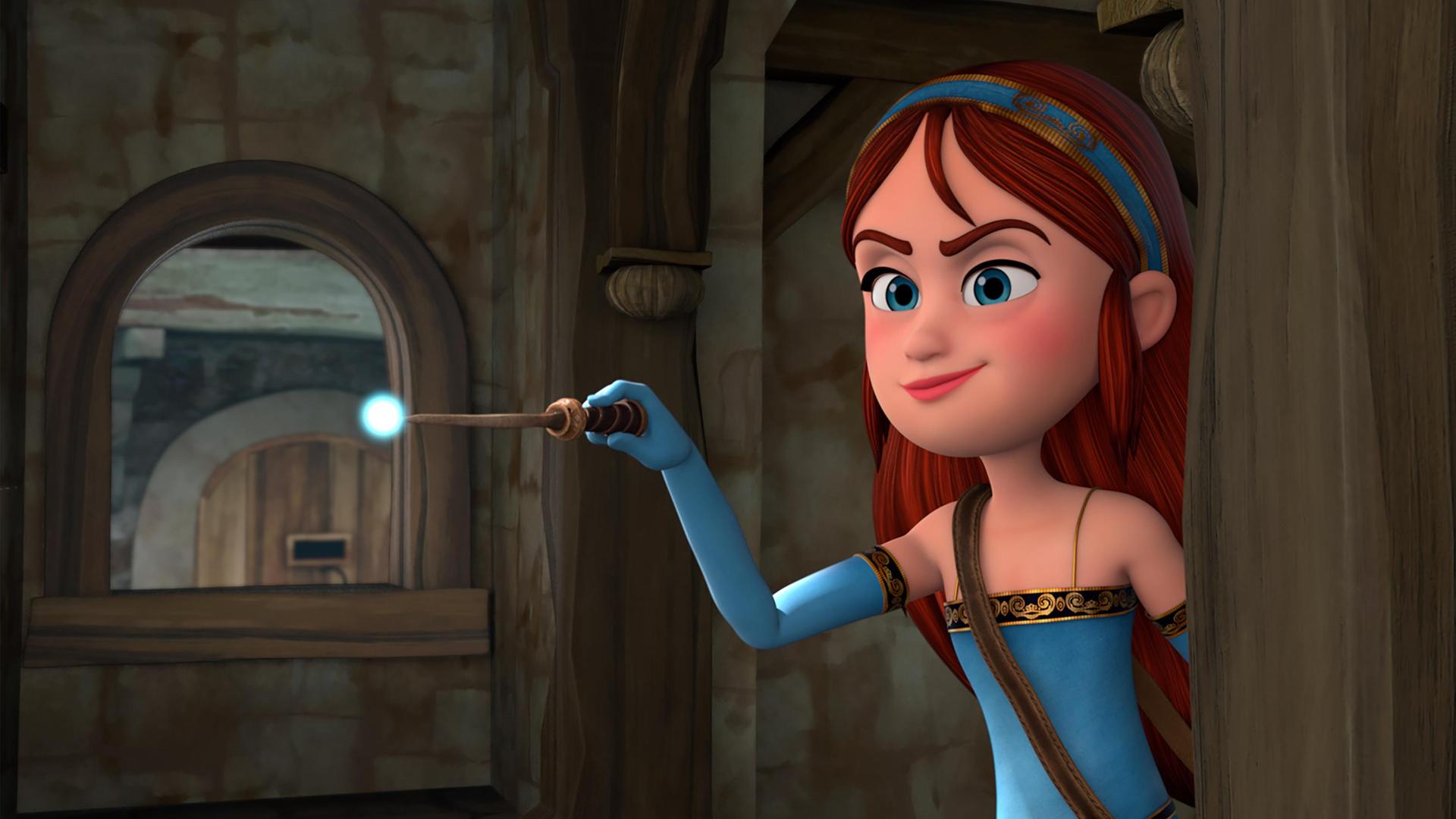 Halb verborgen hinter einem Holzpfosten steht Marian mit erhobenem, magisch leuchtendem Zauberstab im Raum und lächelt siegessicher.