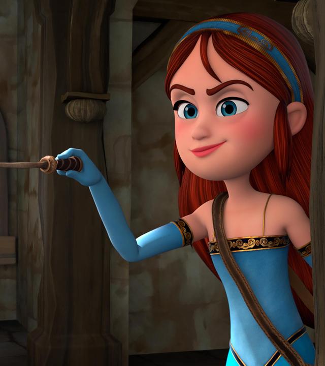 Halb verborgen hinter einem Holzpfosten steht Marian mit erhobenem, magisch leuchtendem Zauberstab im Raum und lächelt siegessicher.