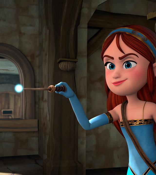 Halb verborgen hinter einem Holzpfosten steht Marian mit erhobenem, magisch leuchtendem Zauberstab im Raum und lächelt siegessicher.