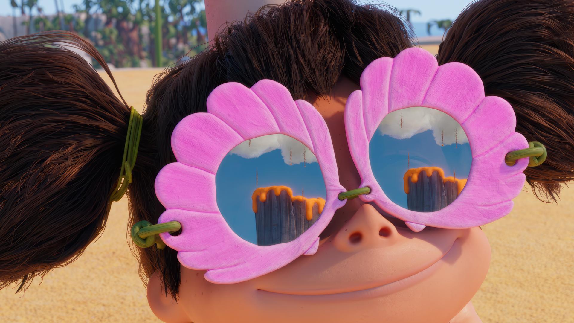 Die wilde Lucy - das Urzeitmädchen mit den abstehenden Zöpfen - trägt eine pinkfarbene, große Brille. In den Brillengläsern spiegelt sich ein Vulkan, der gerade ausbricht.