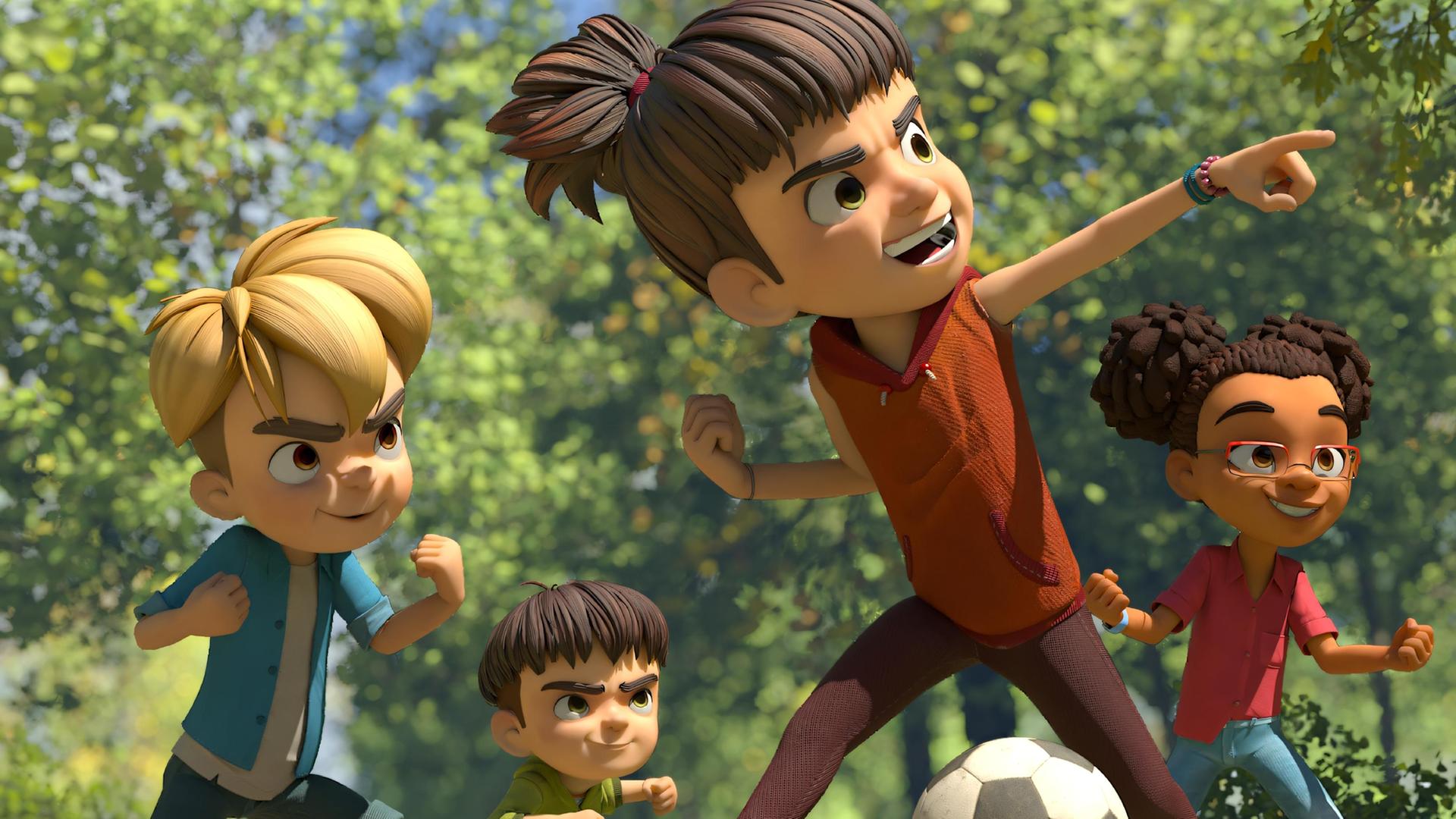 Eine Szene im Wald beim Fußballspielen: Siegesgewiss und angriffsbereit feuert Bohnenstange ihre Bande an. Der Fußball liegt zwischen ihren Beinen und sie zeigt auf etwas. Hinter ihr aufgestellt stehen Raphael, ihr jüngerer Bruder Kleiner Fuß und Lina.