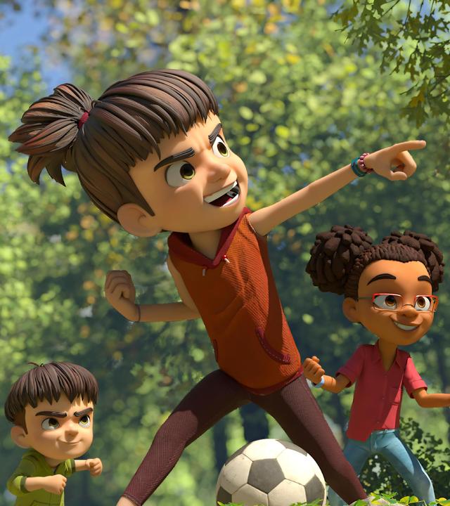 Eine Szene im Wald beim Fußballspielen: Siegesgewiss und angriffsbereit feuert Bohnenstange ihre Bande an. Der Fußball liegt zwischen ihren Beinen und sie zeigt auf etwas. Hinter ihr aufgestellt stehen Raphael, ihr jüngerer Bruder Kleiner Fuß und Lina.