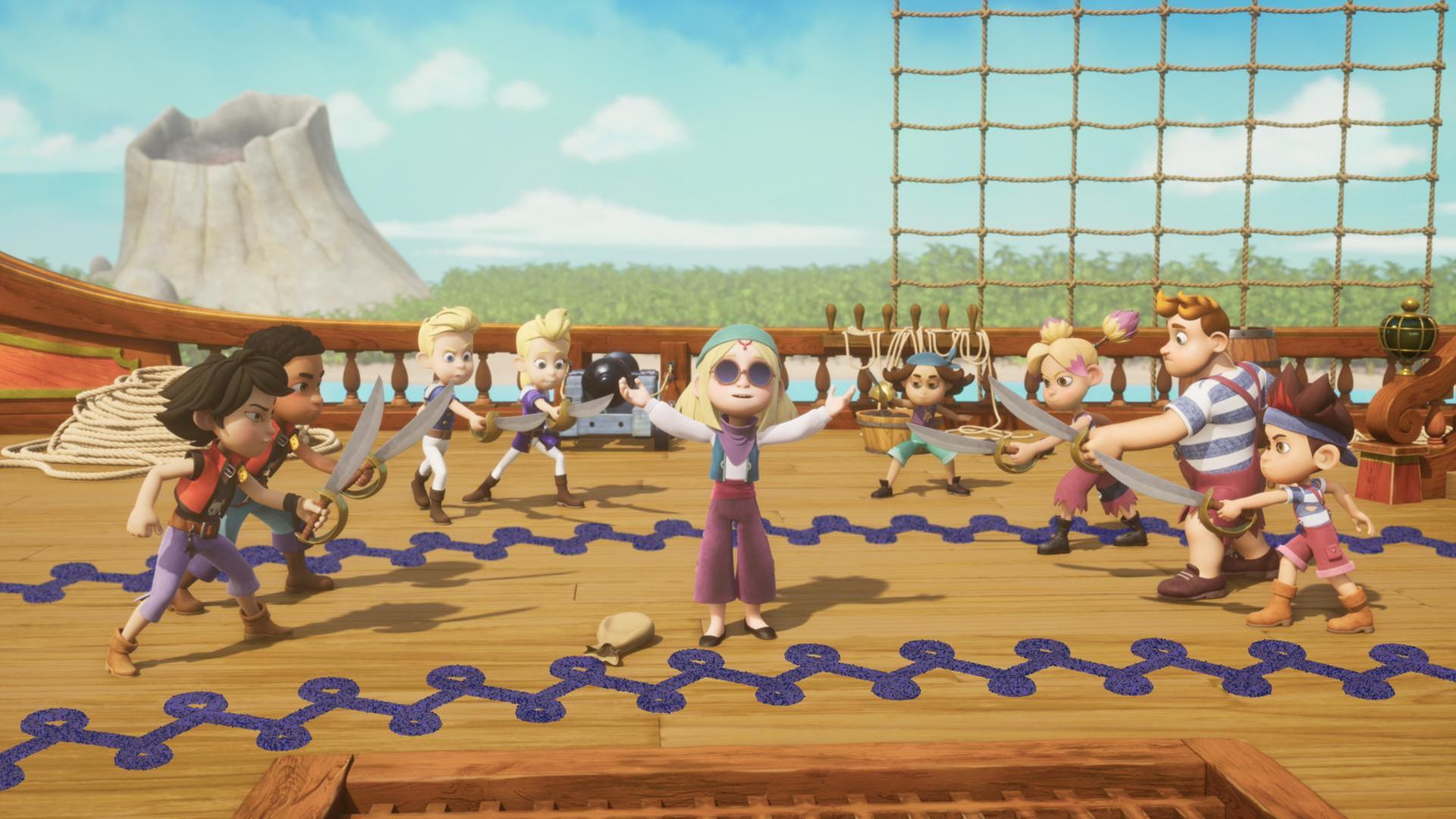 Alle Schüler der Pirate Academy stehen auf Deck. Im Kreis haben sie sich mit ihren Schwertern angriffslustig um Elisa gestellt, die in der Mitte mit ausgestreckten Armen in den Himmel schaut.