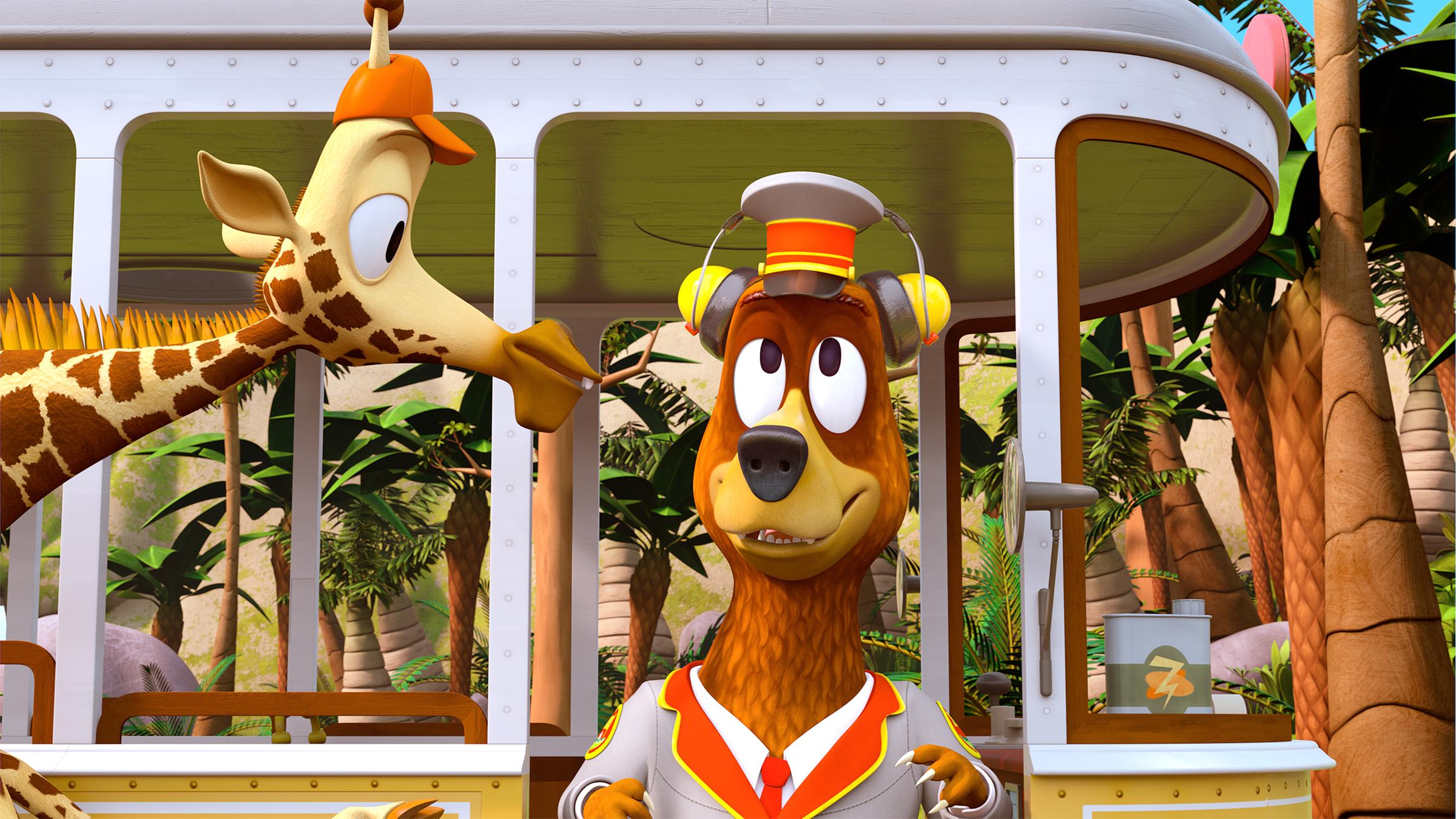 Bär Balduin (rechts) hört mit Kopfhörern gespannt dem Tennisspiel zu, Giraffe Bruno (links) schaut ihm dabei zu.