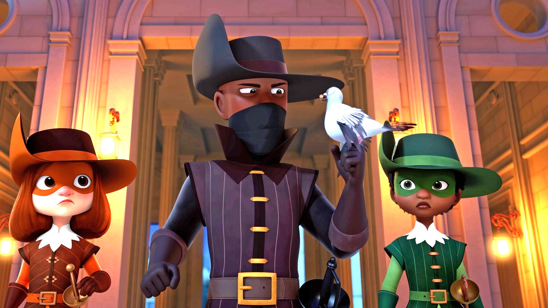  Es ist dunkel, nur einige Laternen leuchten im Innenhof eines Schlosses. D'Artagnan und Aramis begleiten einen schwarz gekleideten Mann mit großem schwarzen Hut, der eine Brieftaube auf seiner Hand hat.