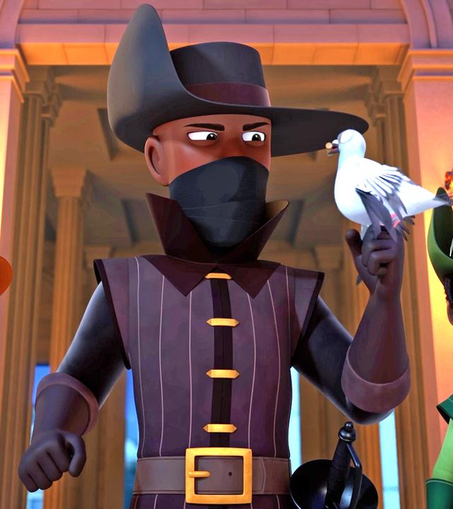  Es ist dunkel, nur einige Laternen leuchten im Innenhof eines Schlosses. D'Artagnan und Aramis begleiten einen schwarz gekleideten Mann mit großem schwarzen Hut, der eine Brieftaube auf seiner Hand hat.