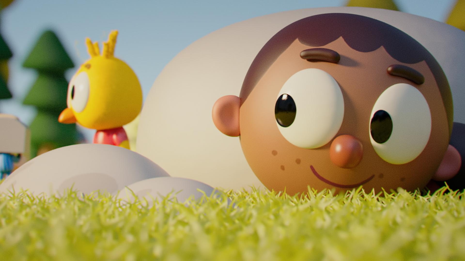 Der Körper von Karlas Mitschülerin Alex liegt in Einzelteilen auf einer Wiese verstreut. Ihr Kopf und einer ihrer Zöpfe liegen neben einem großen Stein. Das Küken Karla steht neben Alex bei einem anderen Stein. Im Hintergrund stehen der Junge mit dem Toasterkopf, Goldie, das Mädchen mit dem Goldfisch-Kopf, und der Tomaten-Junge Heinz. Sie suchen nach weiteren Teilen von Alex' Körper.