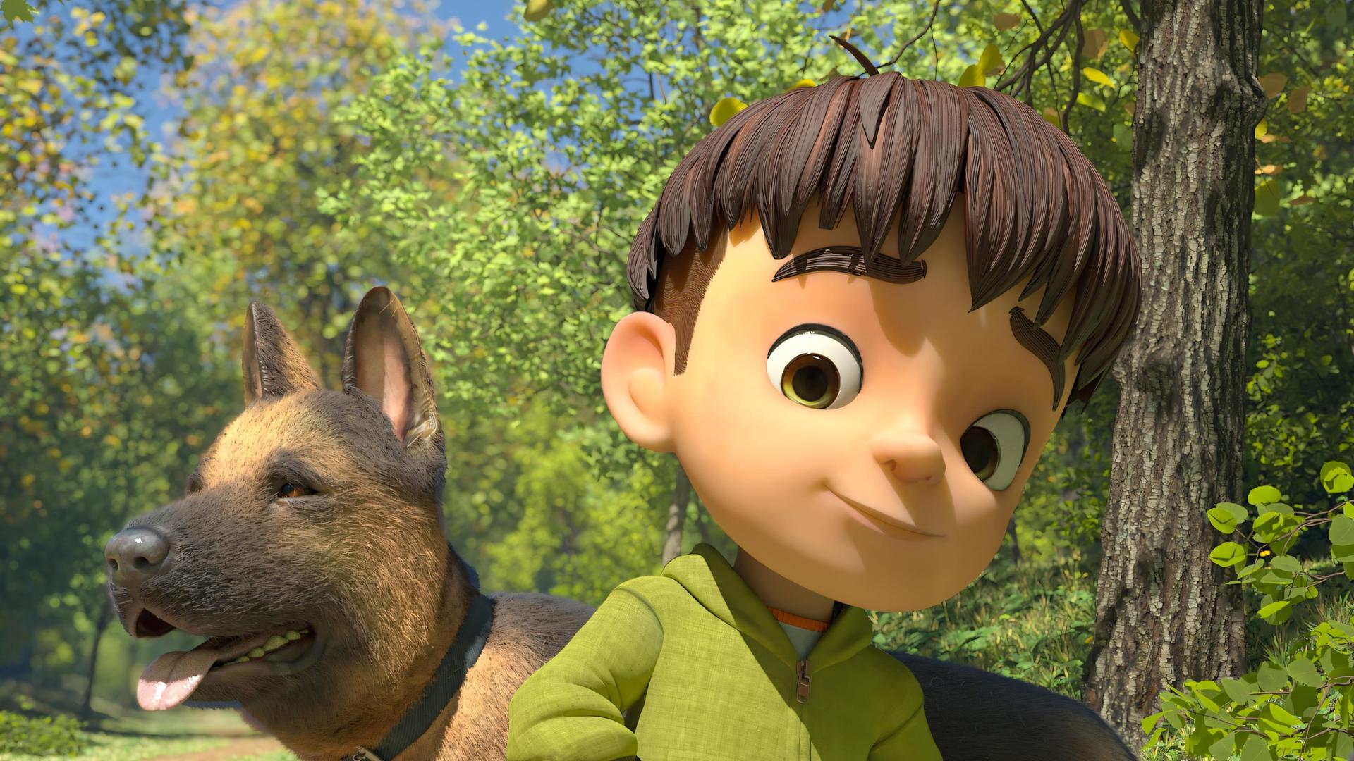 Auf einem Waldweg führt Kleiner Fuß den Schäferhund Oscar zum Gassigehen aus. Kleiner Fuß blickt ganz stolz. Der Hund steht hinter ihm steht und blickt in eine ganz andere Richtung seitlich des Weges.