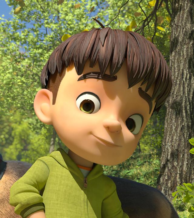 Auf einem Waldweg führt Kleiner Fuß den Schäferhund Oscar zum Gassigehen aus. Kleiner Fuß blickt ganz stolz. Der Hund steht hinter ihm steht und blickt in eine ganz andere Richtung seitlich des Weges.