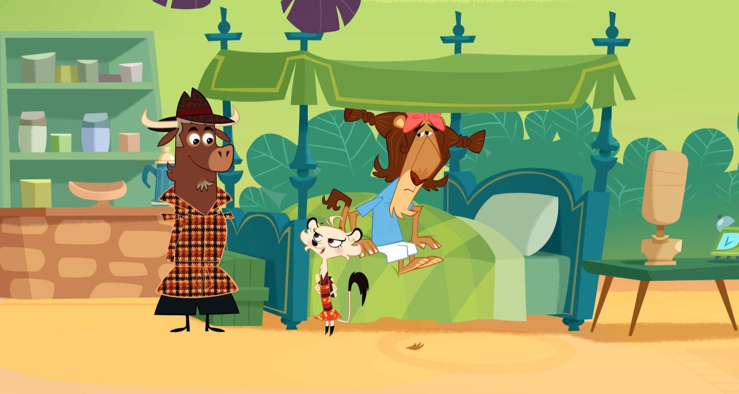 Sherlock Yack und Hermione stehen am Bett des Löwen. Ihm wurden Zöpfe geflochten. Er sieht unglücklich aus. Sherlock Yack und Hermione lächeln sich entschlossen an. Sie werden herausfinden, wer dahinter steckt.