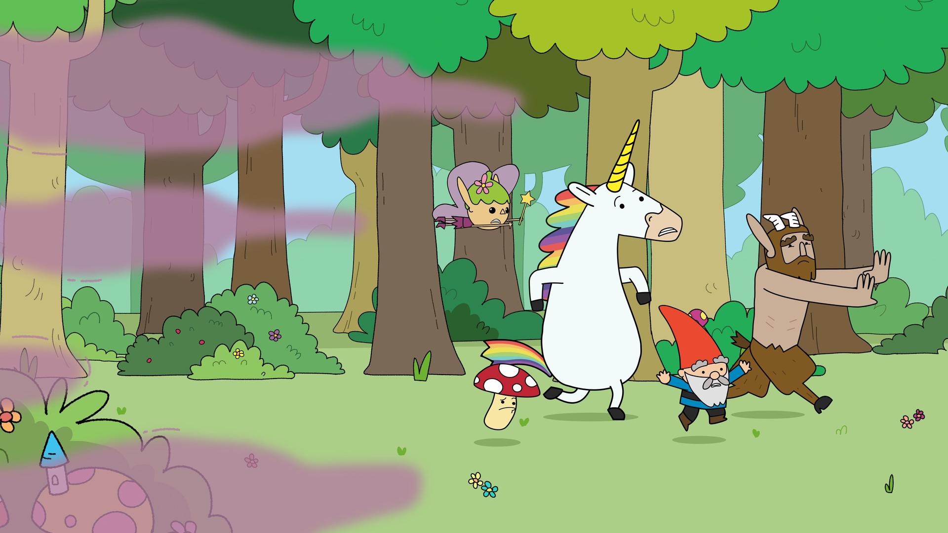 Im Wald rennen die Helden - Twinkle, Tupfen, Blümchen, Herbert und Hufius - panisch über eine Wiese. Hinter ihnen wabern altrosa Wolken durch die Luft.