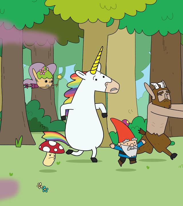 Im Wald rennen die Helden - Twinkle, Tupfen, Blümchen, Herbert und Hufius - panisch über eine Wiese. Hinter ihnen wabern altrosa Wolken durch die Luft.