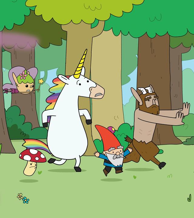 Im Wald rennen die Helden - Twinkle, Tupfen, Blümchen, Herbert und Hufius - panisch über eine Wiese. Hinter ihnen wabern altrosa Wolken durch die Luft.