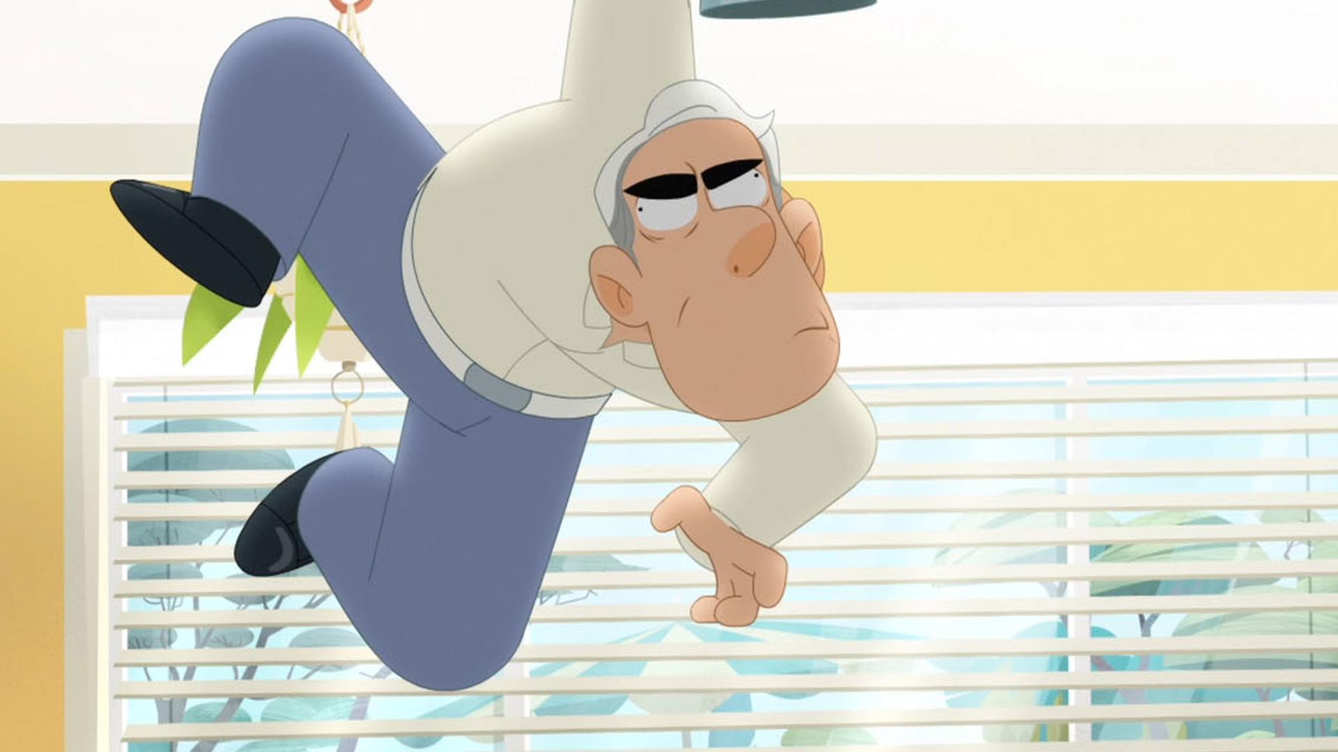 Sam hängt im Wohnzimmer an einer Hand von der Deckenlampe und schaut grimmig.