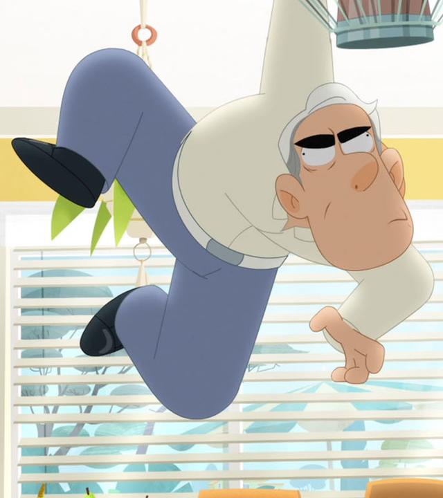 Sam hängt im Wohnzimmer an einer Hand von der Deckenlampe und schaut grimmig.