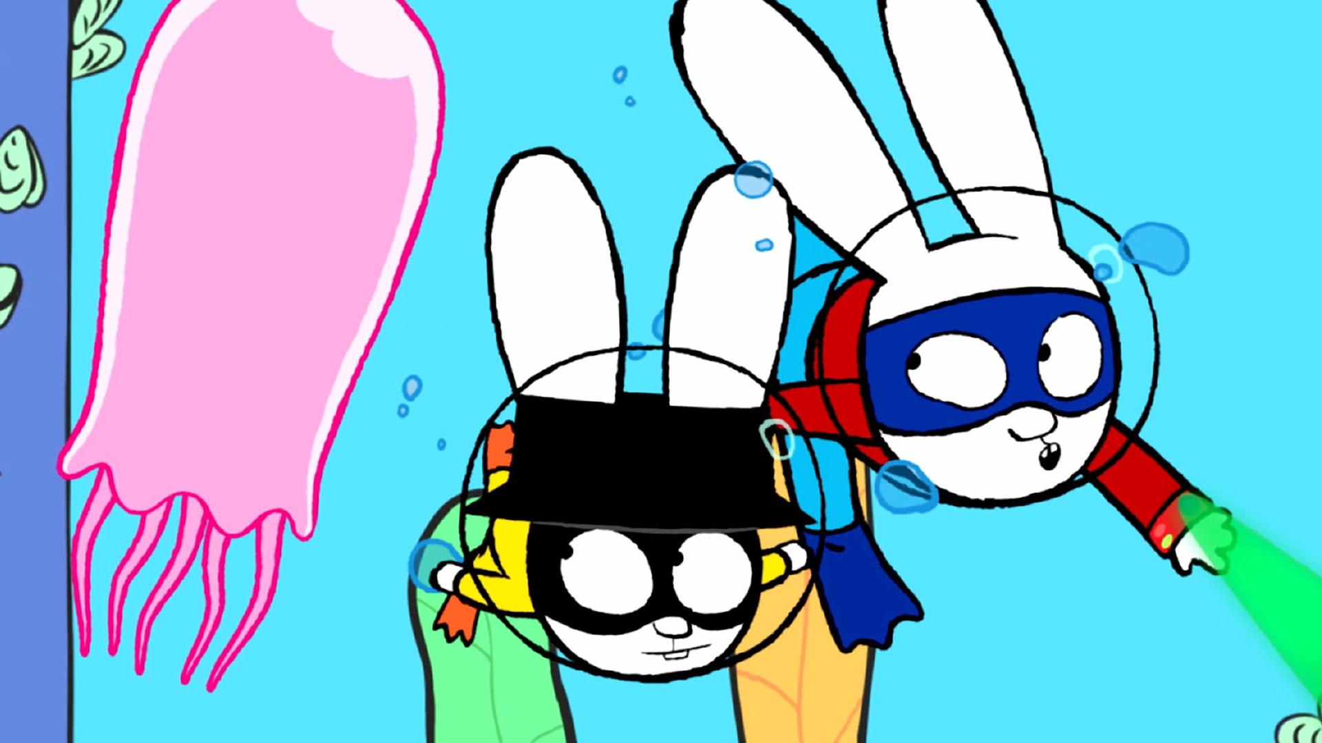 In der Fantasiewelt tauchen Captain Hase und Super Unterwasser. Beide tragen Taucherhelme auf dem Kopf und Schwimmflossen an den Füßen. Neben ihnen schwimmt eine große Qualle. Beide blicken wachsam zu der Qualle herüber.