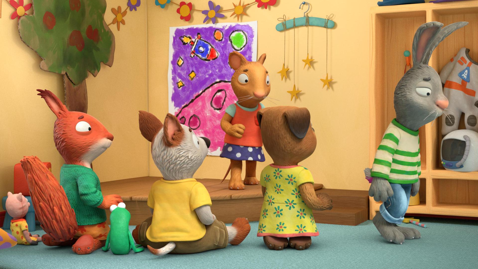 In einer mit Holzdielen erhöhten Ecke des Zimmers steht die Maus Posy und blickt traurig ihrem Freund Pip, dem Kaninchen hinterher. Pip verlässt mit hängenden Schultern und ebenfalls traurigem Blick die Bühne. Ihre Freunde, die im Halbkreis als Zuschauer auf dem Teppichboden sitzen oder knien, und in deren Mitte auch die Kuscheltiere Schweinchen und Froschi sitzen, folgen Pip mit fragendem Blick.