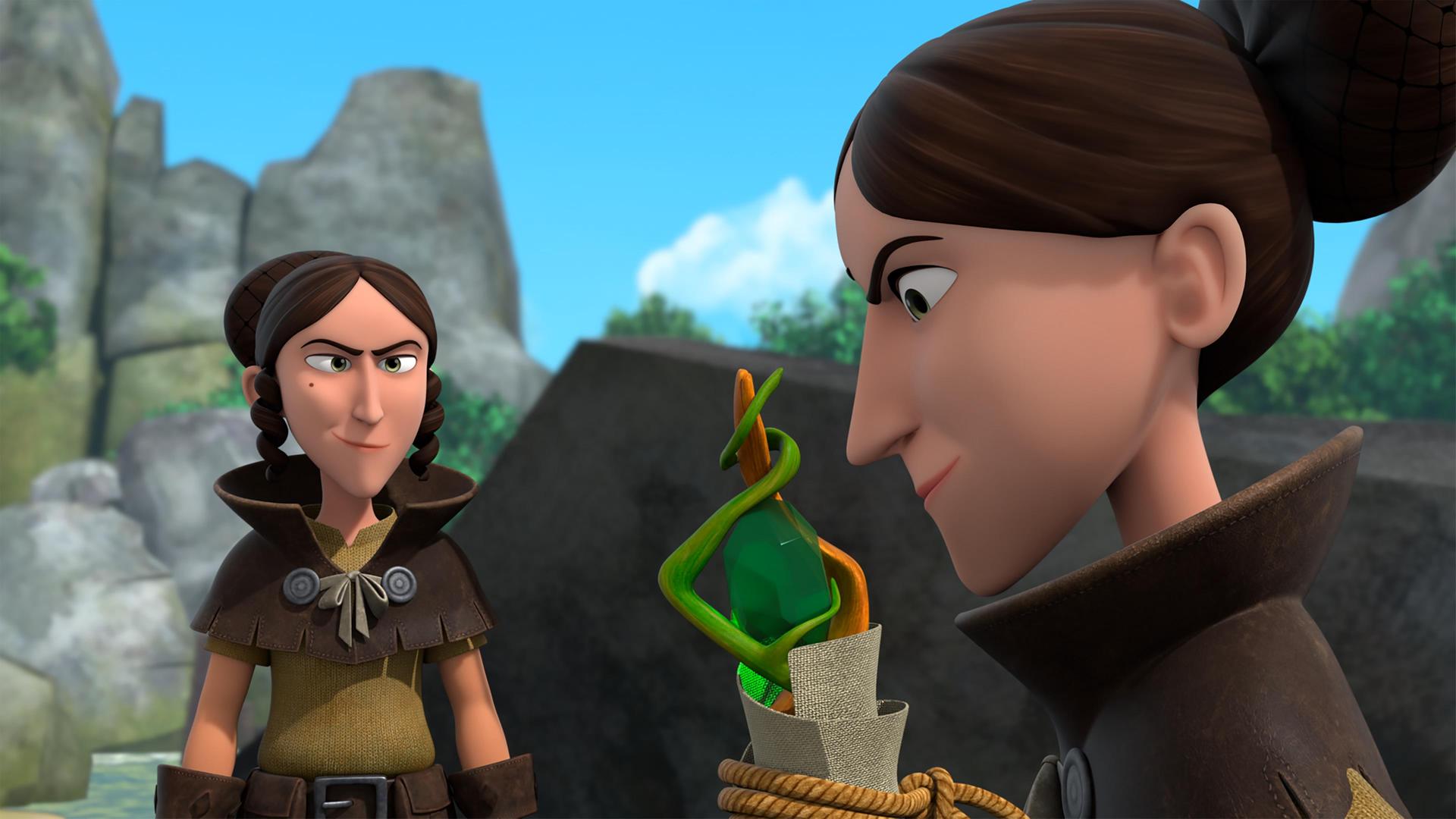  Zwei Frauen, die Diebesschwestern, betrachten den grünen Stein, der die Spitze von Katells Zauberstab ziert und den eine von ihnen, eingewickelt und verschnürt, in den Händen hält.