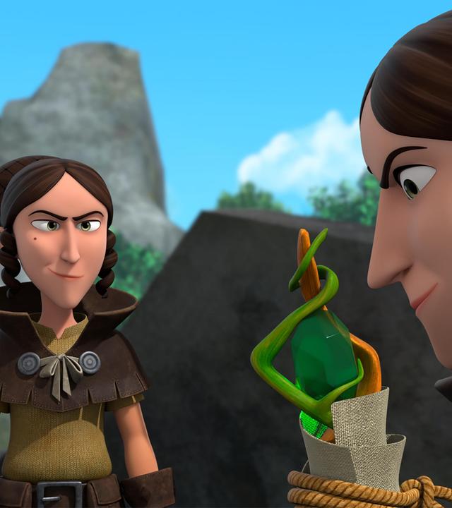  Zwei Frauen, die Diebesschwestern, betrachten den grünen Stein, der die Spitze von Katells Zauberstab ziert und den eine von ihnen, eingewickelt und verschnürt, in den Händen hält.