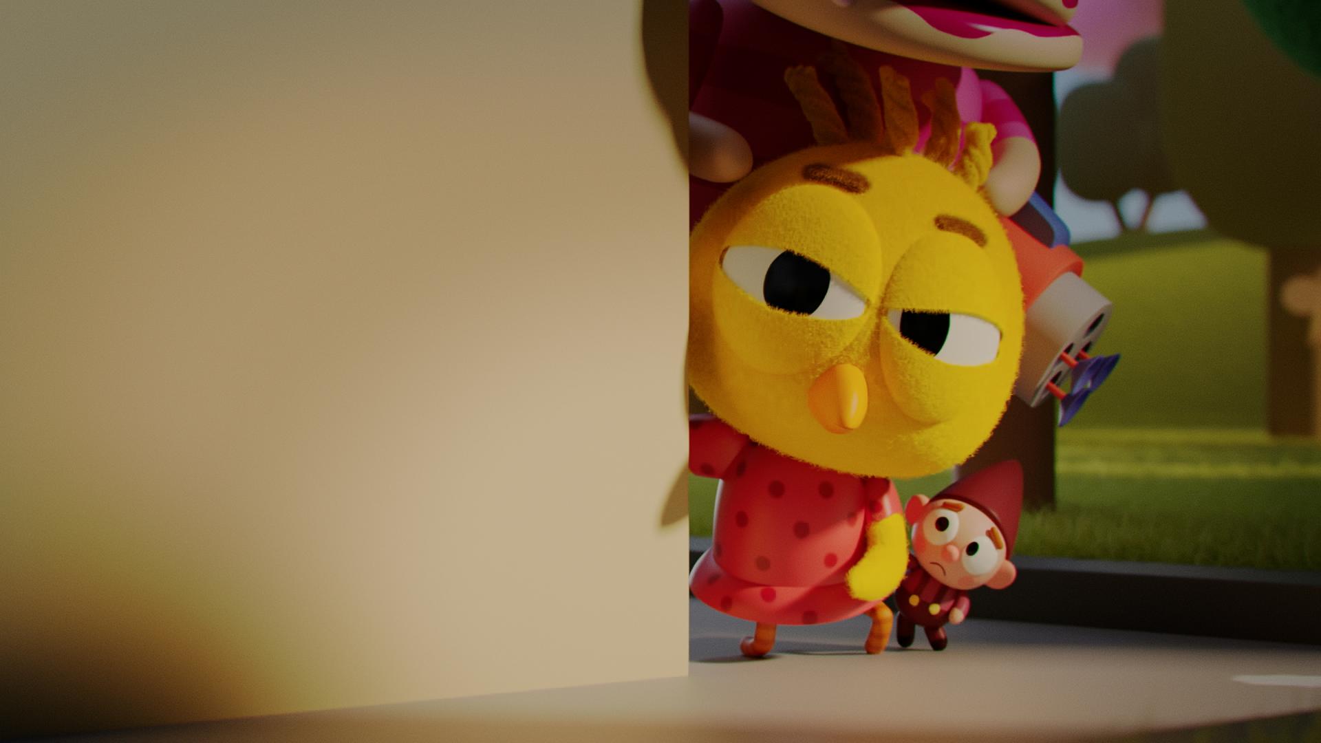 Das Küken Karla, der Torten-Junge Othello und Wichtel Bob stehen dicht beieinander hinter einer Hauswand versteckt. Karla blickt mit stechendem, gezieltem Blick hinter der Ecke des Hauses hervor. Bob steht rechts neben ihr und blickt ängstlich zu Karla.