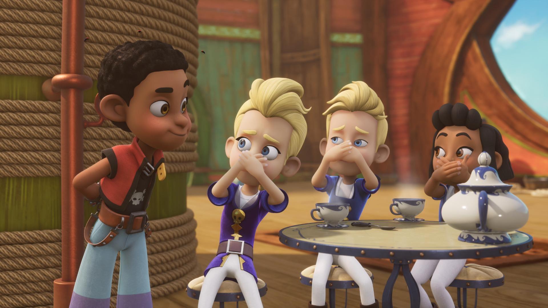 Auf einem runden Tisch steht eine Kaffeekanne und zwei Tassen. Um diesen Tisch herum sitzen die Zwillinge Gustav und Alina mit Dolores. Alle drei halten sich Mund und Nase zu. Vor ihnen steht Finn, der seine Hände auf dem Rücken hält.