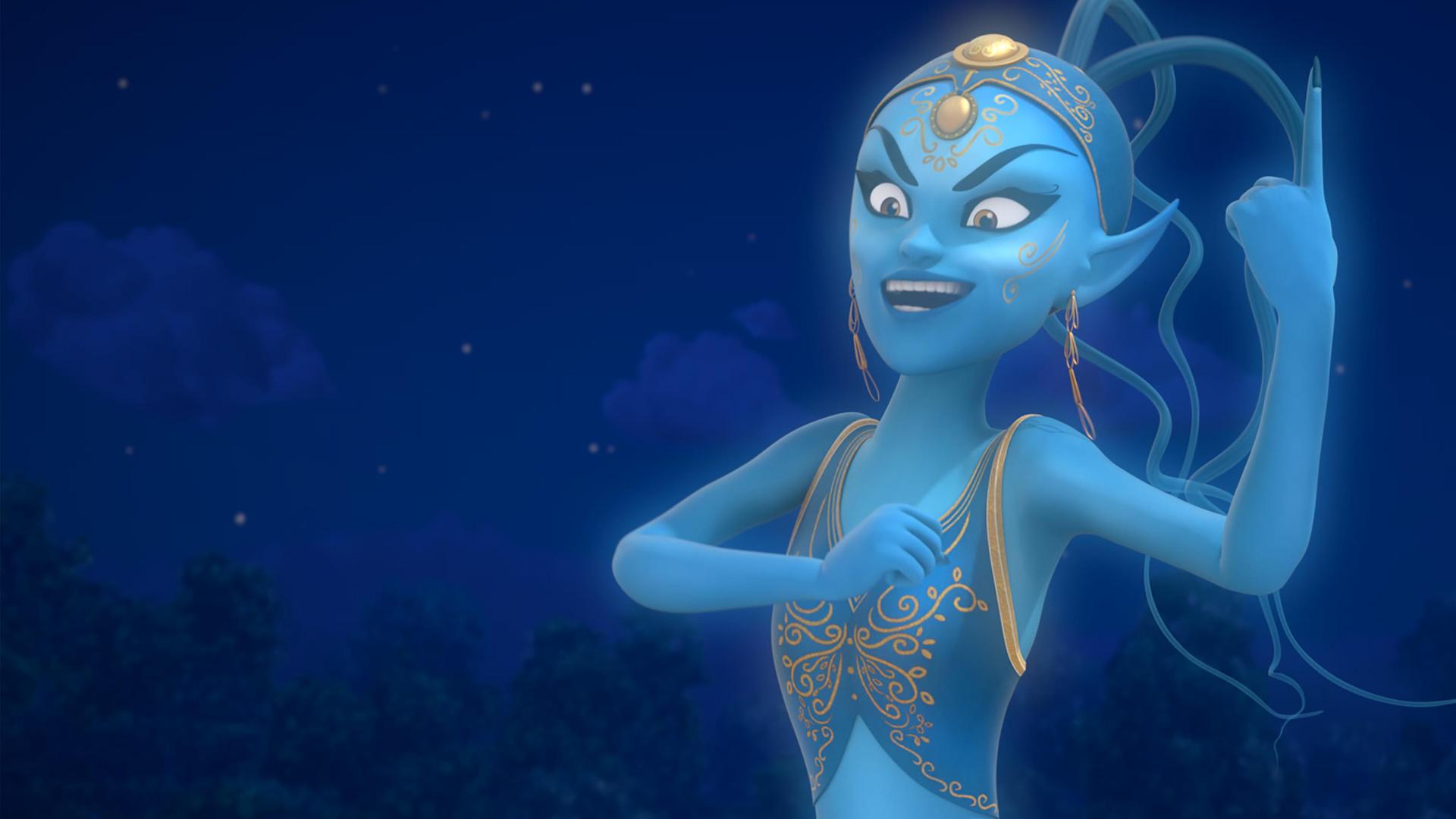In dunkler Nacht, unter sternenklarem Himmel, schwebt die Dschinni selbstbewusst, mit fiesem Blick und erhobenem Zeigefinger vor einem Waldstück und lacht. Ihre Haut ist blau. Sie trägt ein Oberteil und einen Turban mit goldenem Muster darauf.