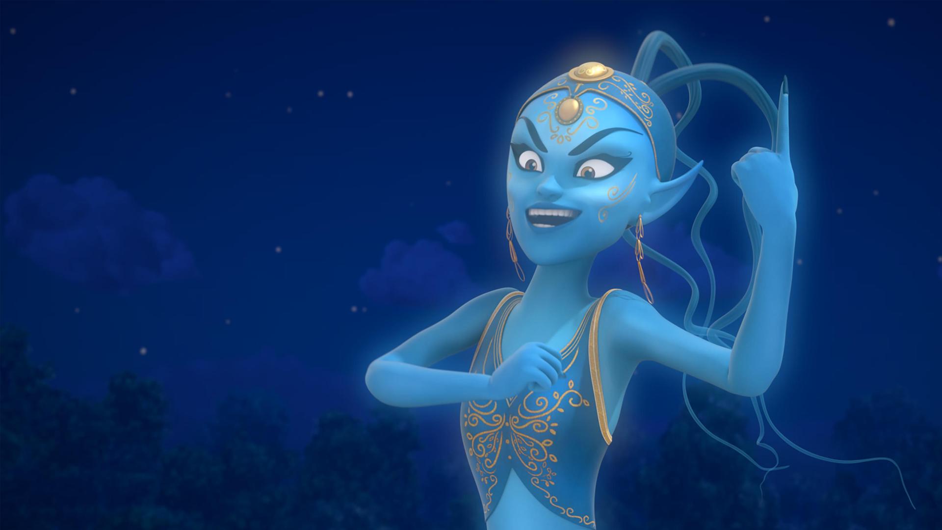 In dunkler Nacht, unter sternenklarem Himmel, schwebt die Dschinni selbstbewusst, mit fiesem Blick und erhobenem Zeigefinger vor einem Waldstück und lacht. Ihre Haut ist blau. Sie trägt ein Oberteil und einen Turban mit goldenem Muster darauf.