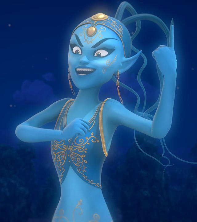 In dunkler Nacht, unter sternenklarem Himmel, schwebt die Dschinni selbstbewusst, mit fiesem Blick und erhobenem Zeigefinger vor einem Waldstück und lacht. Ihre Haut ist blau. Sie trägt ein Oberteil und einen Turban mit goldenem Muster darauf.